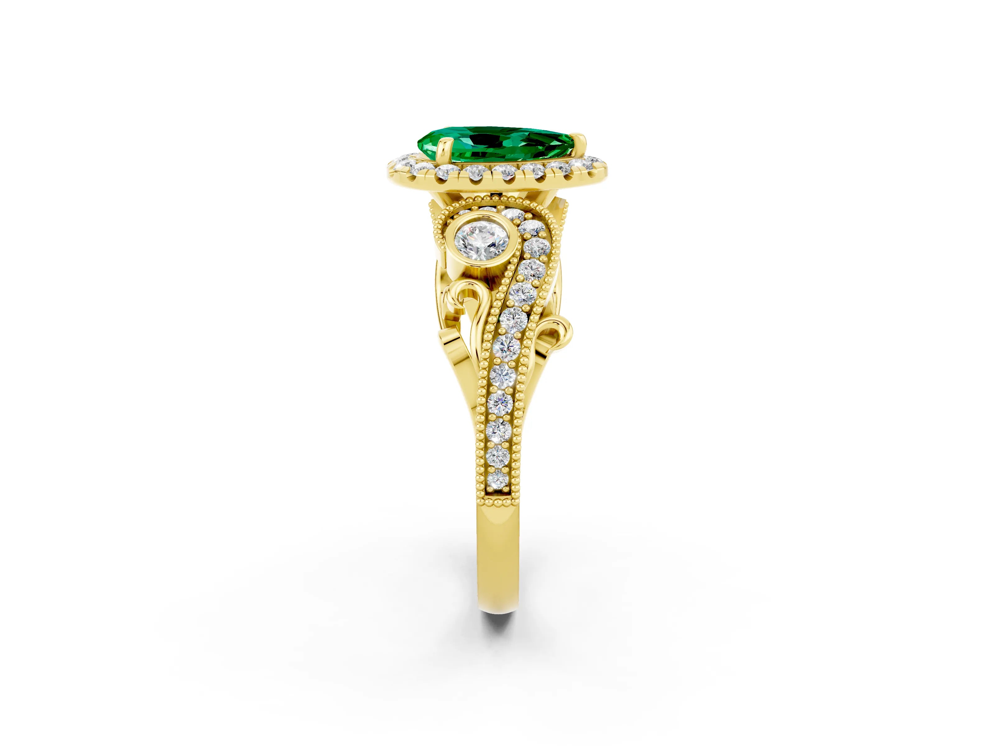 Yellow gold Pear Cut Emerald Halo Ring with Milgrain Pavé Band and Four-Prong Setting_14