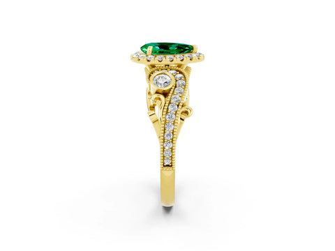 Yellow gold Pear Cut Emerald Halo Ring with Milgrain Pavé Band and Four-Prong Setting_14