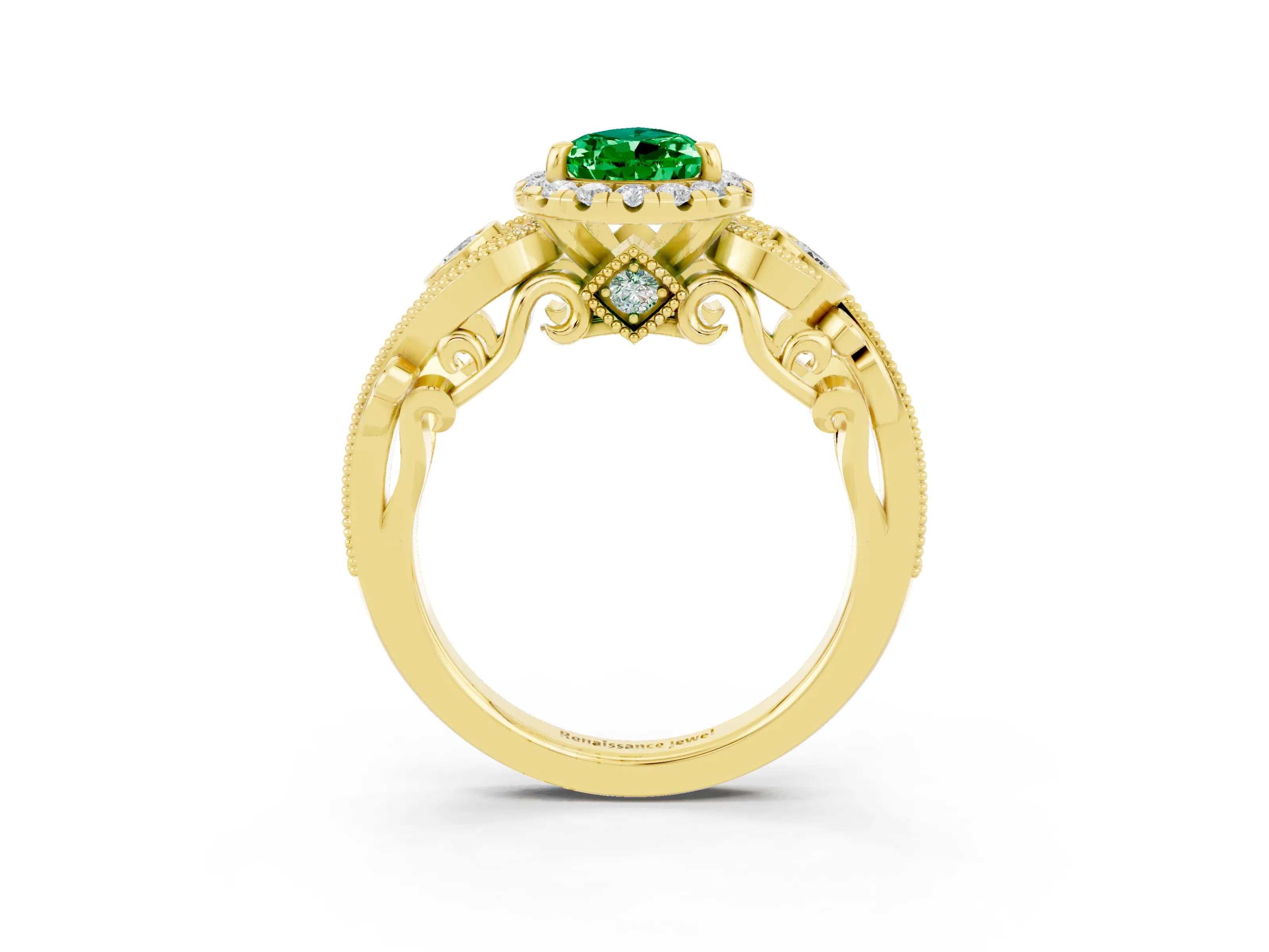 Yellow gold Pear Cut Emerald Halo Ring with Milgrain Pavé Band and Four-Prong Setting_15