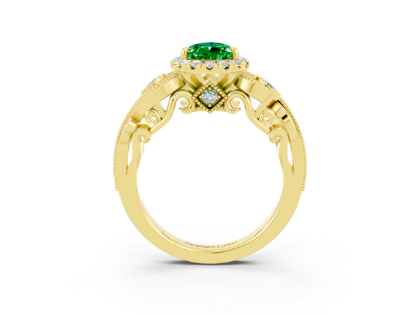 Yellow gold Pear Cut Emerald Halo Ring with Milgrain Pavé Band and Four-Prong Setting