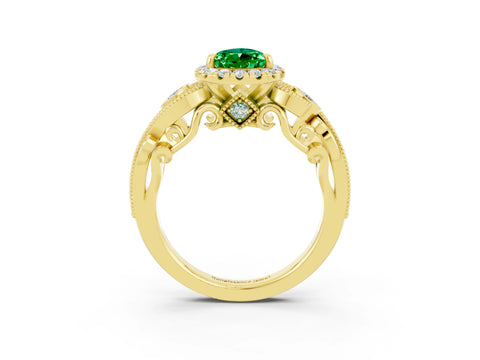 Yellow gold Pear Cut Emerald Halo Ring with Milgrain Pavé Band and Four-Prong Setting_15