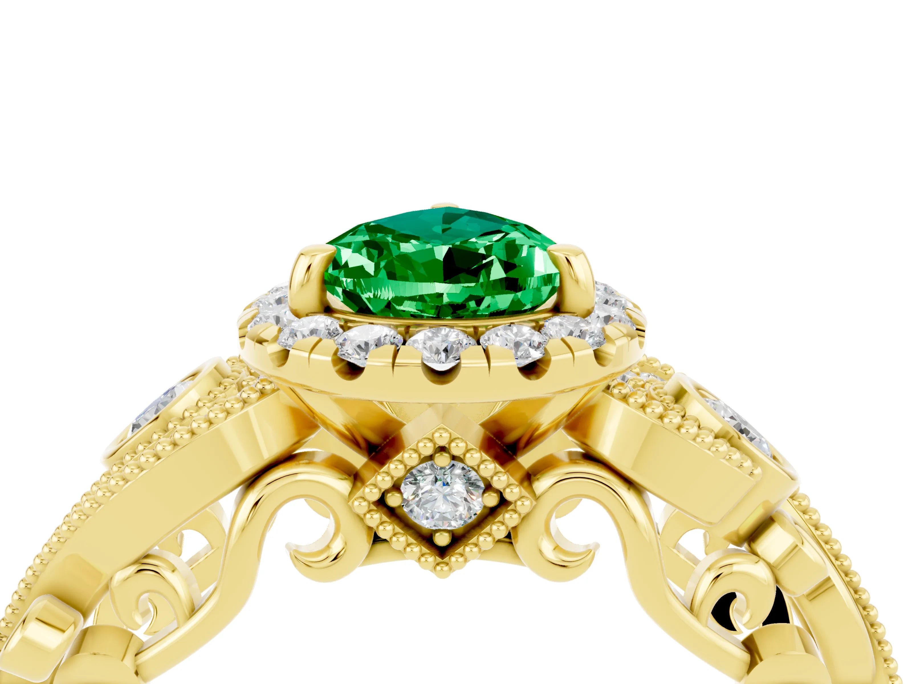 Yellow gold Pear Cut Emerald Halo Ring with Milgrain Pavé Band and Four-Prong Setting_16