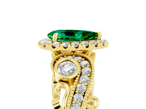 Yellow gold Pear Cut Emerald Halo Ring with Milgrain Pavé Band and Four-Prong Setting_17