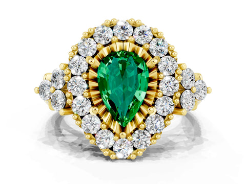 Yellow gold Pear Cut Emerald Halo Ring with Pavé Band and Four-Prong Setting_12