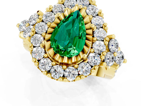 Yellow gold Pear Cut Emerald Halo Ring with Pavé Band and Four-Prong Setting_13
