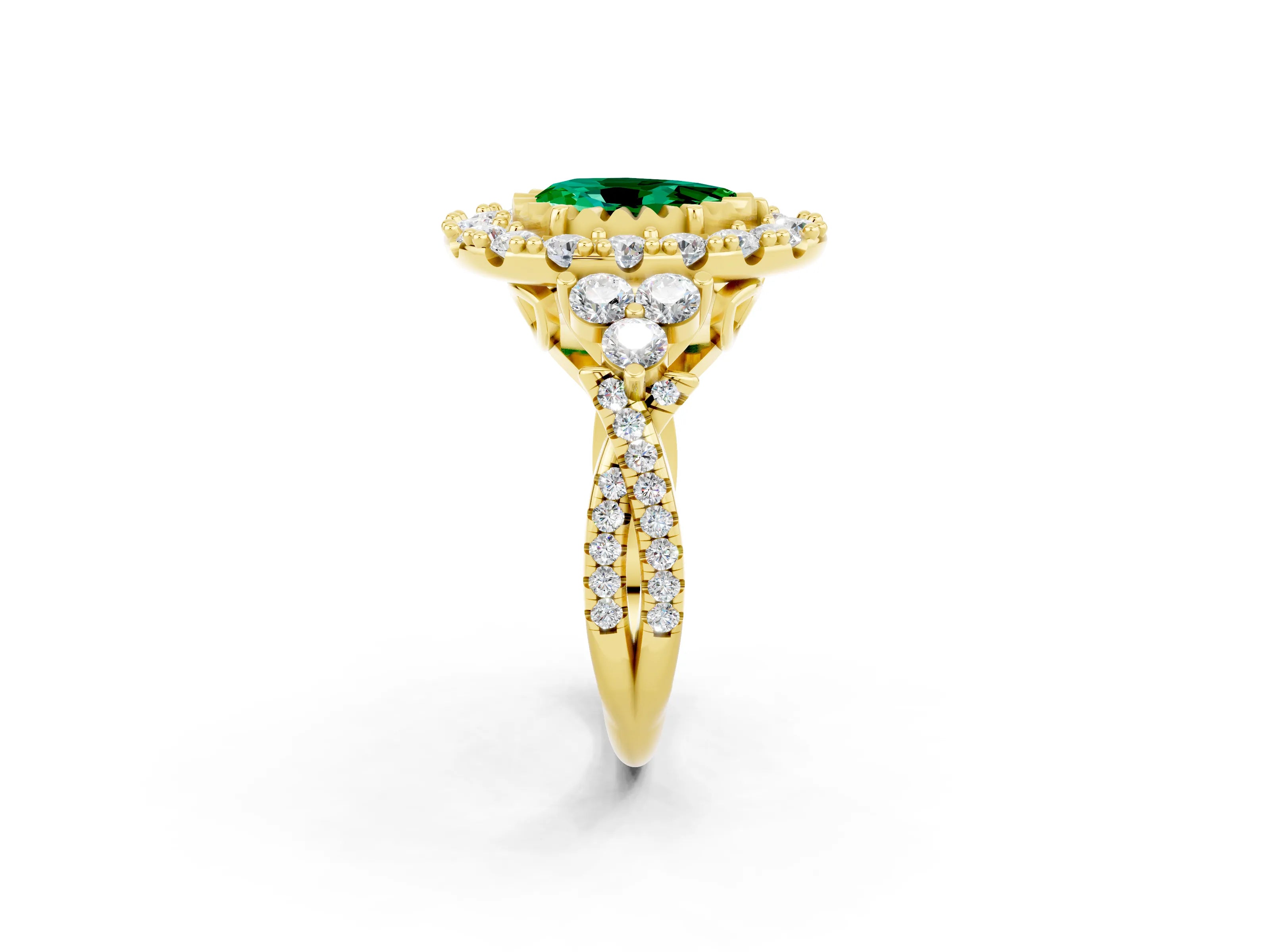 Yellow gold Pear Cut Emerald Halo Ring with Pavé Band and Four-Prong Setting_14