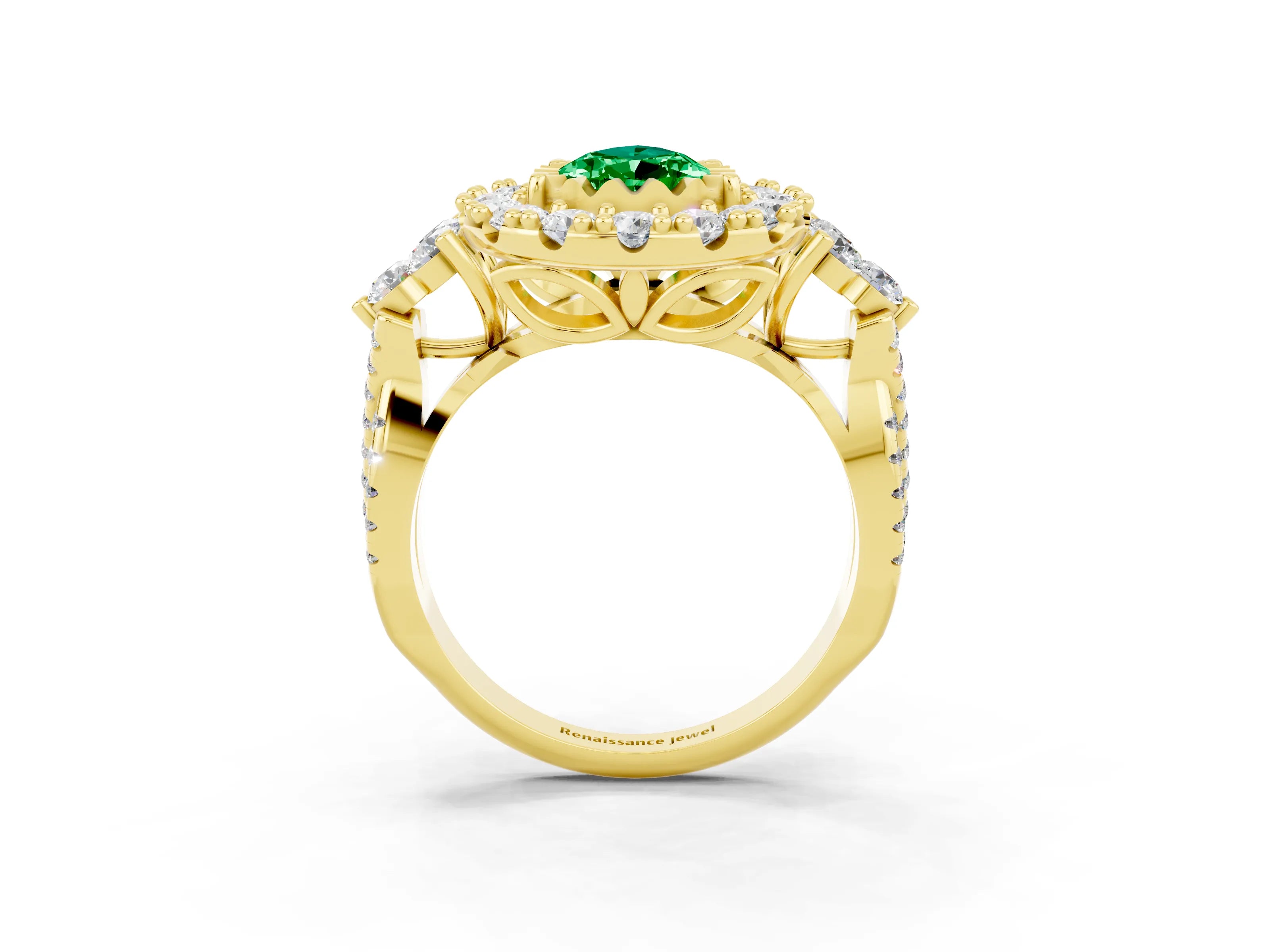 Yellow gold Pear Cut Emerald Halo Ring with Pavé Band and Four-Prong Setting_15