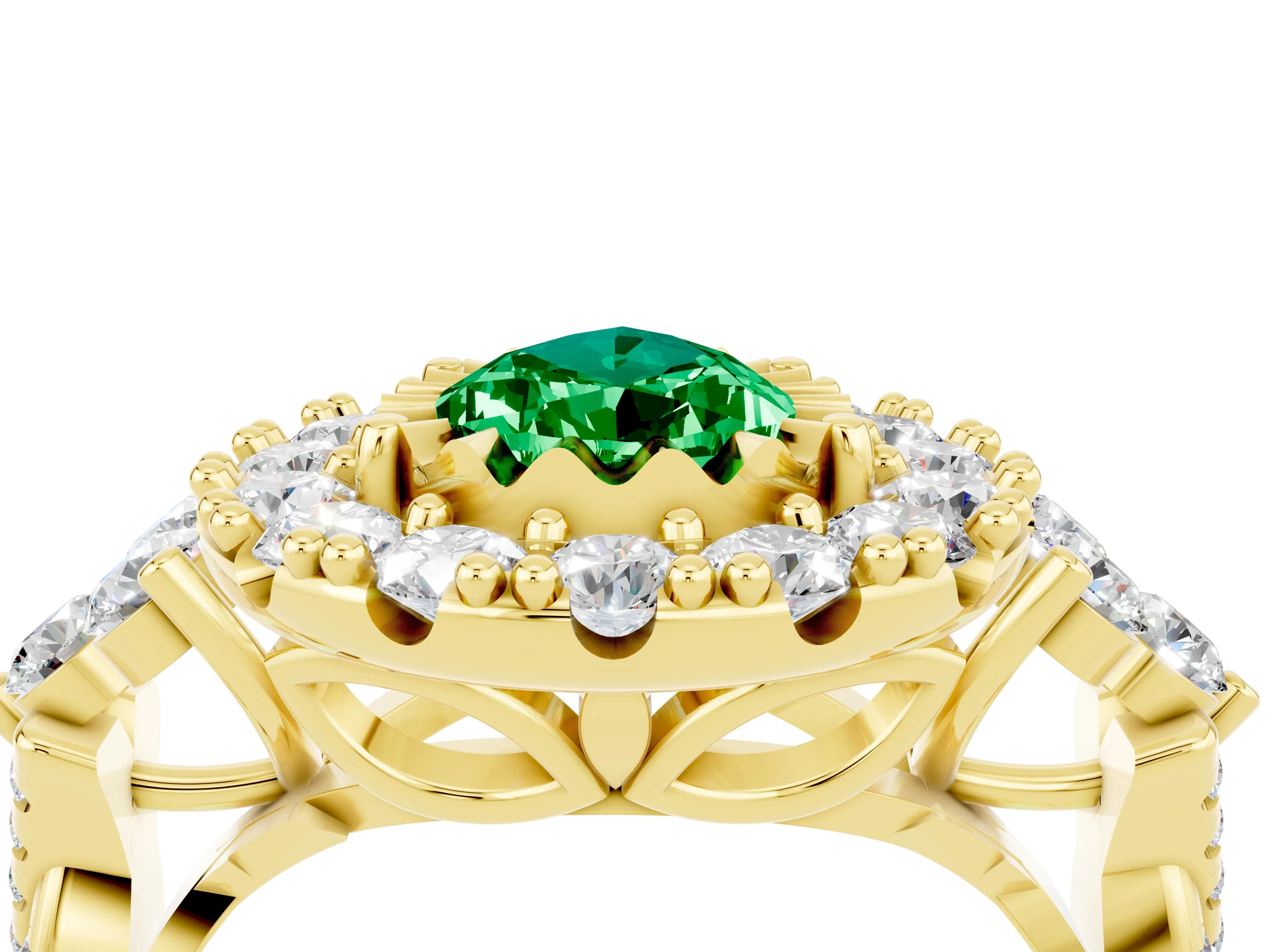 Yellow gold Pear Cut Emerald Halo Ring with Pavé Band and Four-Prong Setting_16