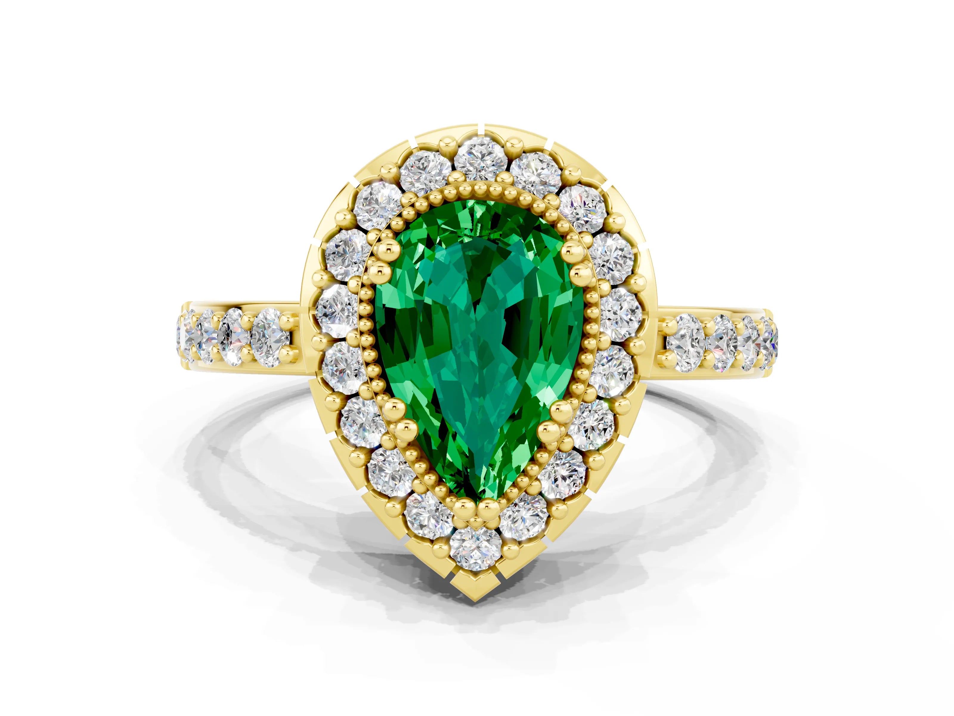 Yellow gold Pear Cut Emerald Halo Ring with Pavé Band and Prong Setting