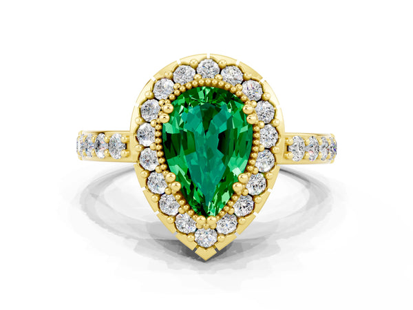 Yellow Gold Pear-Shaped Lab-Grown Emerald Pierced Gallery Halo Engagement Ring