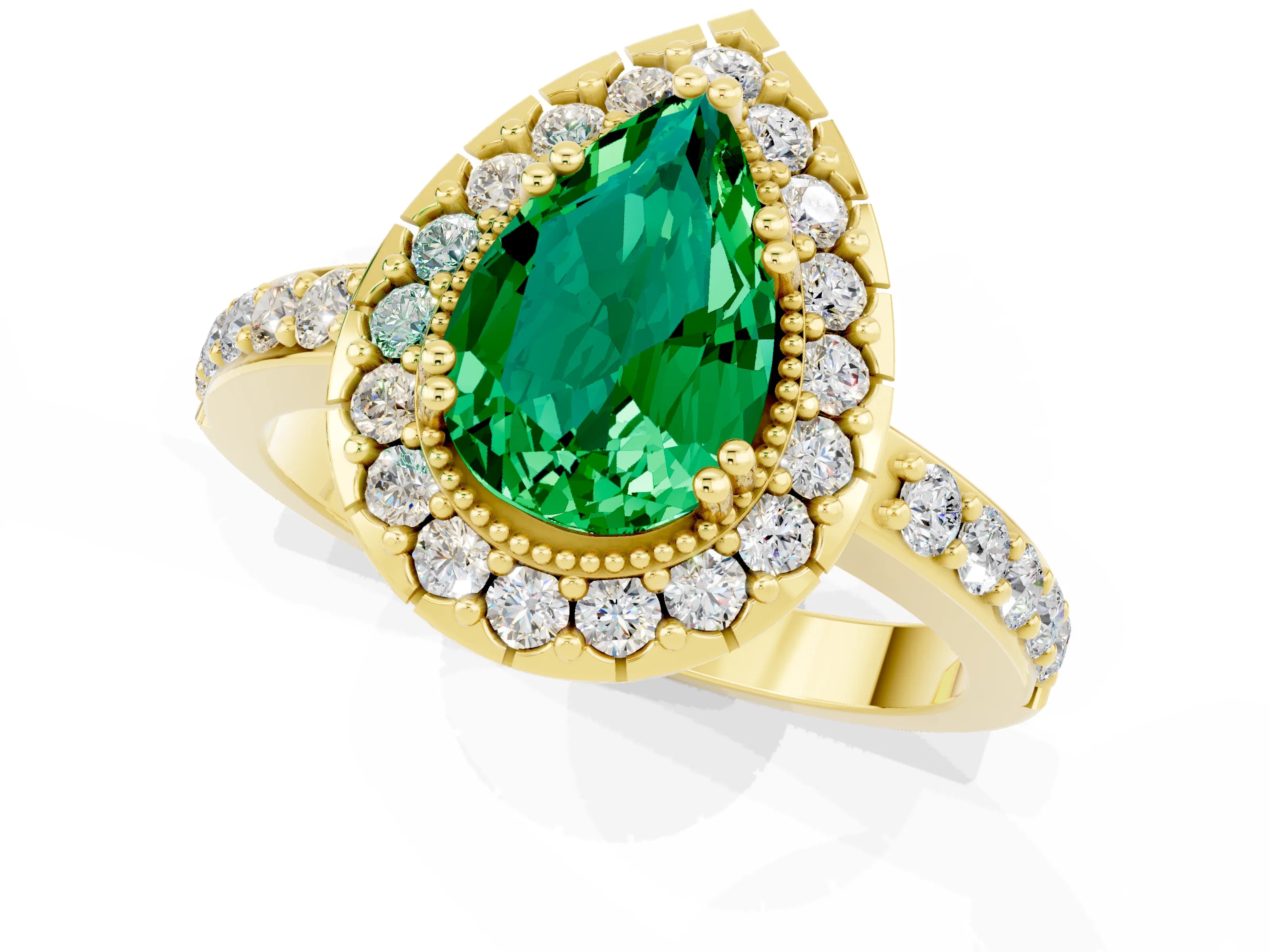 Yellow gold Pear Cut Emerald Halo Ring with Pavé Band and Prong Setting_1
