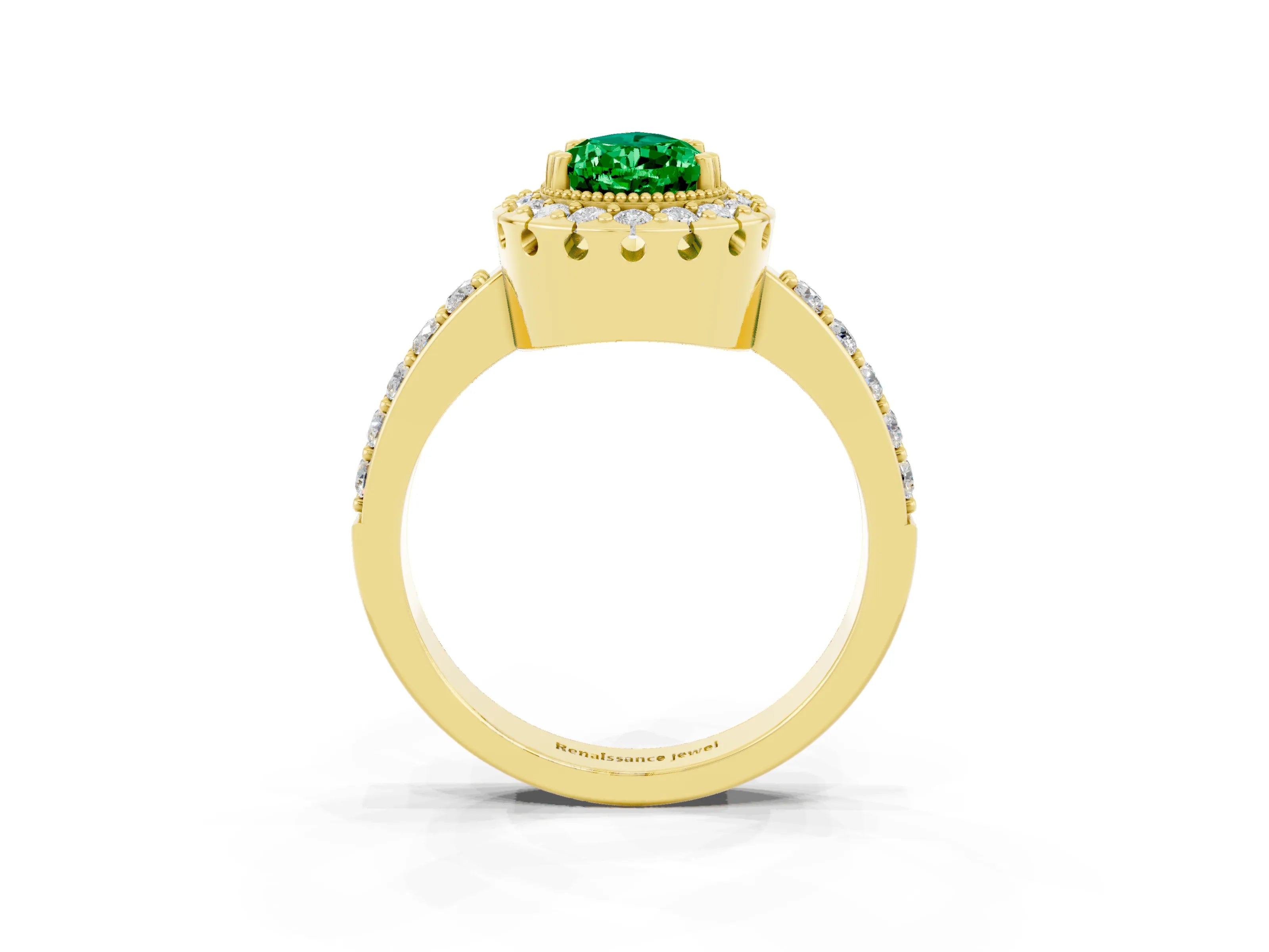 Yellow gold Pear Cut Emerald Halo Ring with Pavé Band and Prong Setting_3