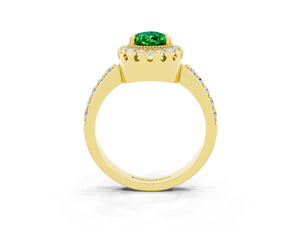Yellow Gold Pear-Shaped Lab-Grown Emerald Pierced Gallery Halo Engagement Ring
