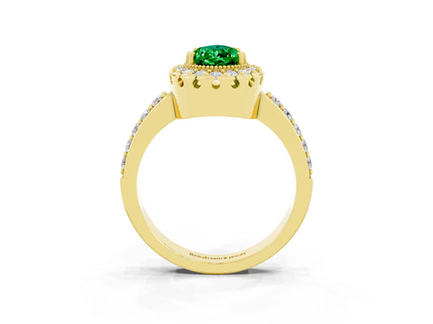 Yellow gold Pear Cut Emerald Halo Ring with Pavé Band and Prong Setting_3
