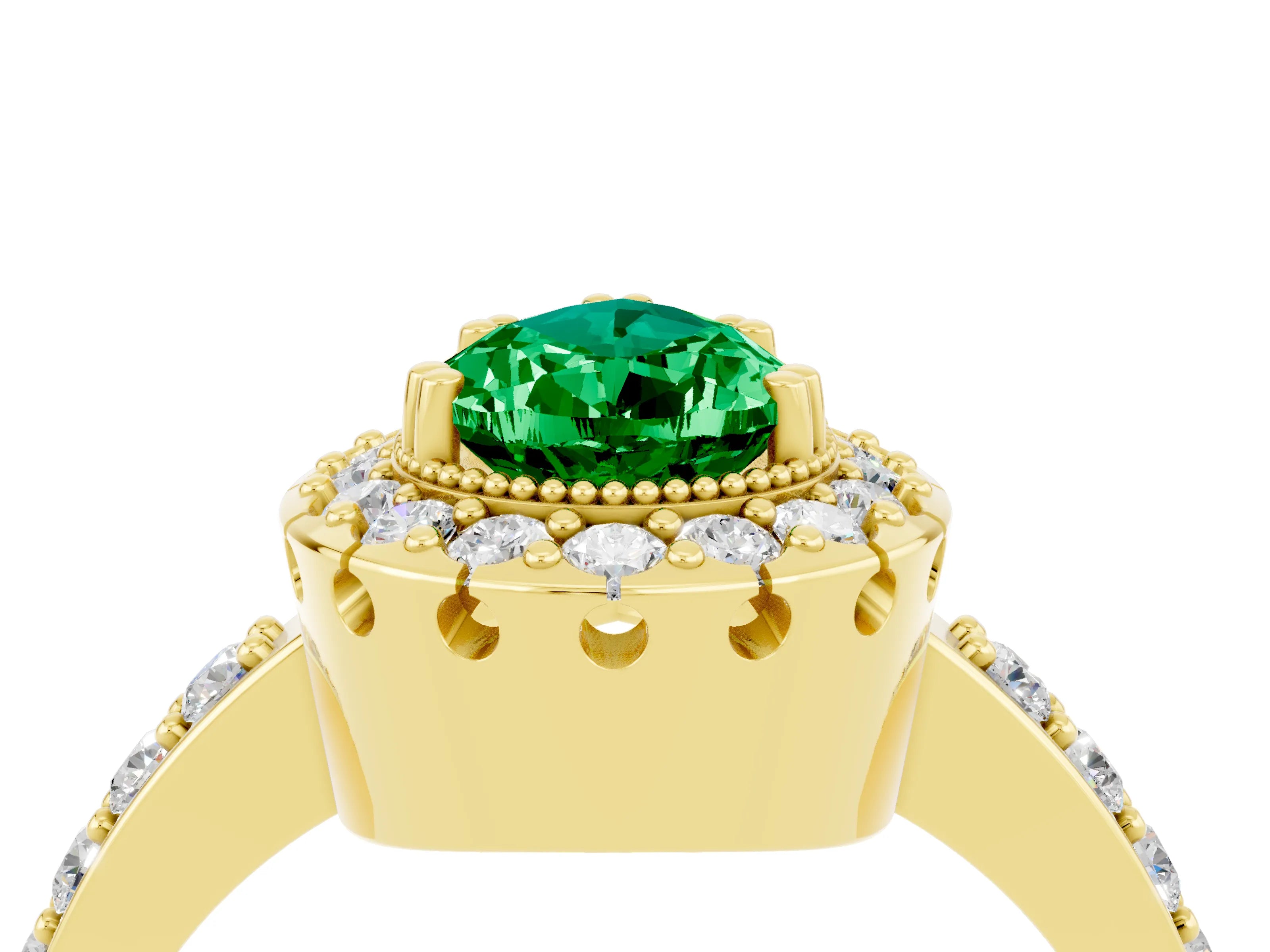 Yellow gold Pear Cut Emerald Halo Ring with Pavé Band and Prong Setting_4