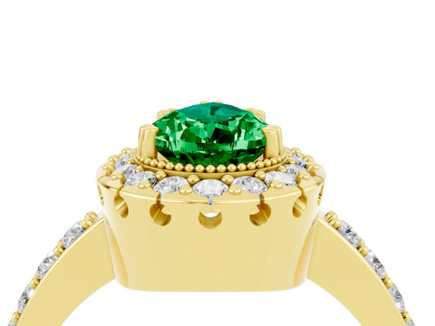 Yellow gold Pear Cut Emerald Halo Ring with Pavé Band and Prong Setting_4