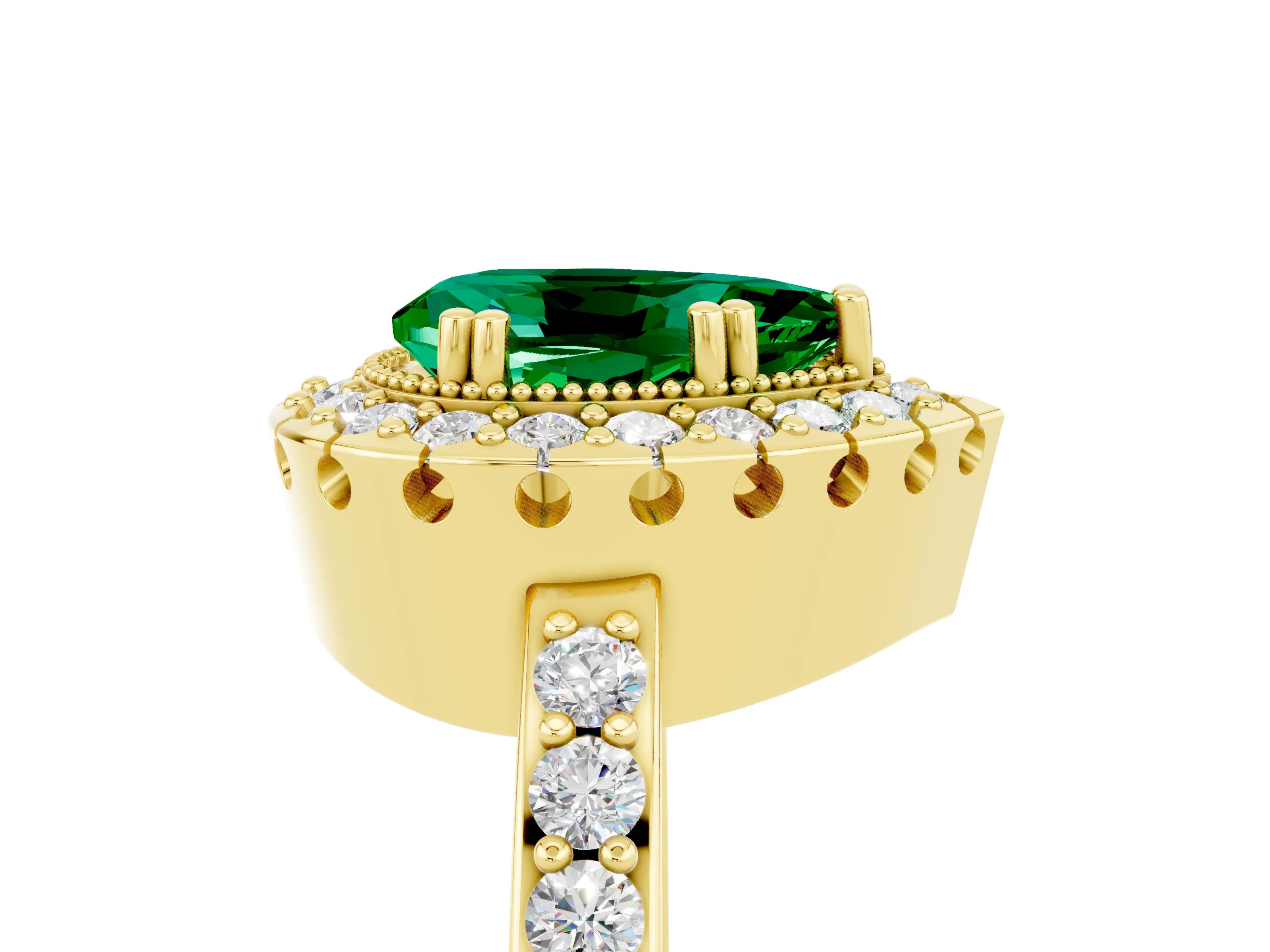 Yellow gold Pear Cut Emerald Halo Ring with Pavé Band and Prong Setting_5