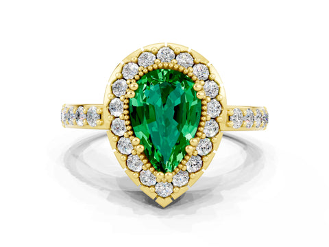 Yellow gold Pear Cut Emerald Halo Ring with Pavé Band and Prong Setting