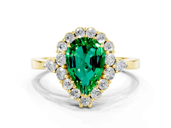 Yellow gold Pear Cut Emerald Halo Ring with Pear Side Stones and Prong Setting