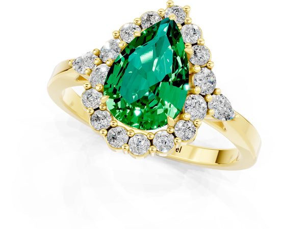 Yellow gold Pear Cut Emerald Halo Ring with Pear Side Stones and Prong Setting