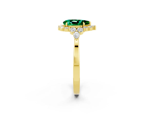 Yellow gold Pear Cut Emerald Halo Ring with Pear Side Stones and Prong Setting