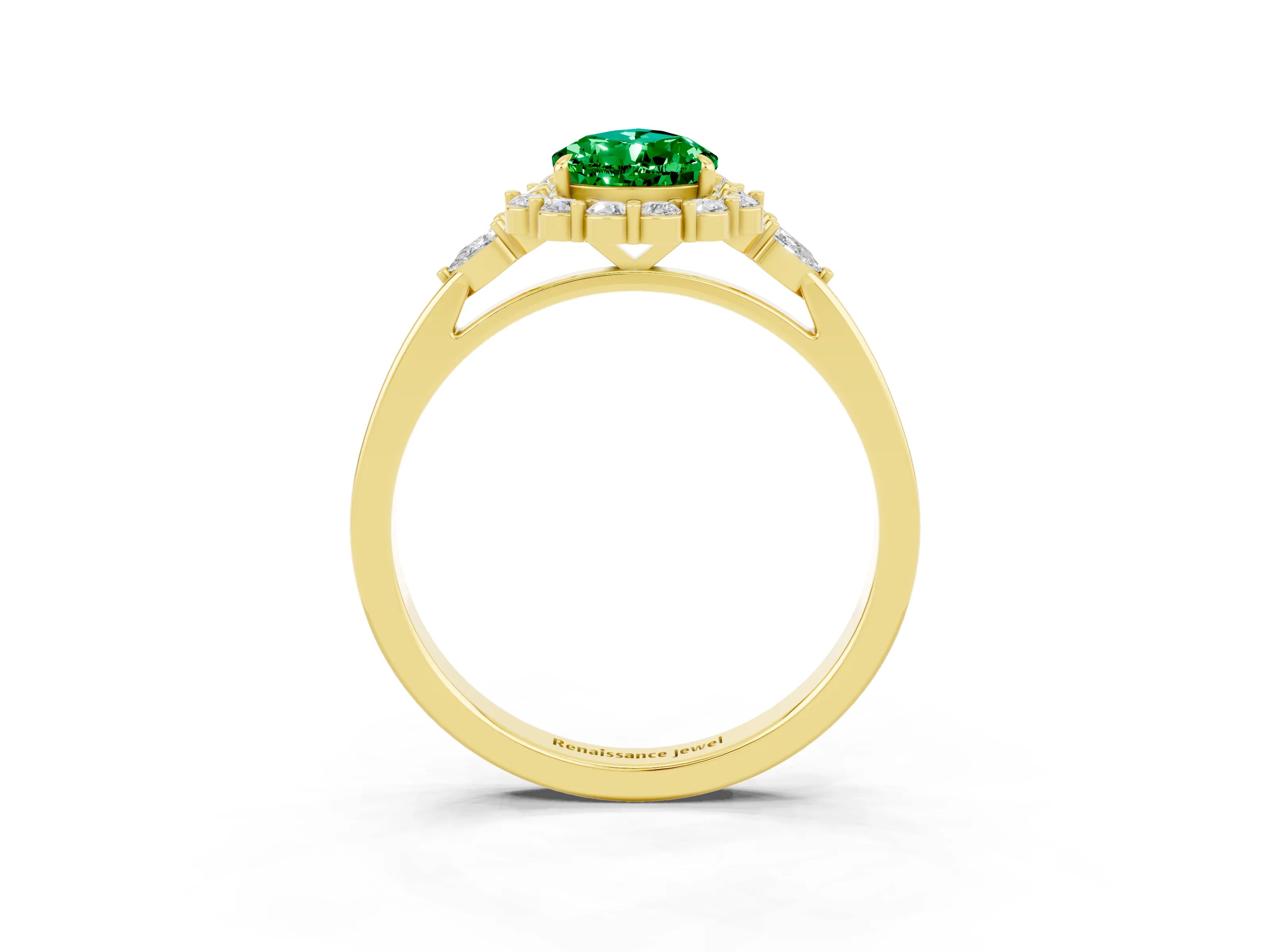 Yellow gold Pear Cut Emerald Halo Ring with Pear Side Stones and Prong Setting_15