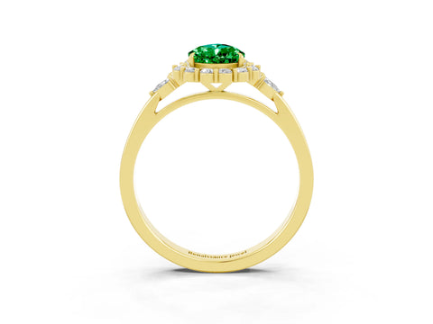 Yellow gold Pear Cut Emerald Halo Ring with Pear Side Stones and Prong Setting_15