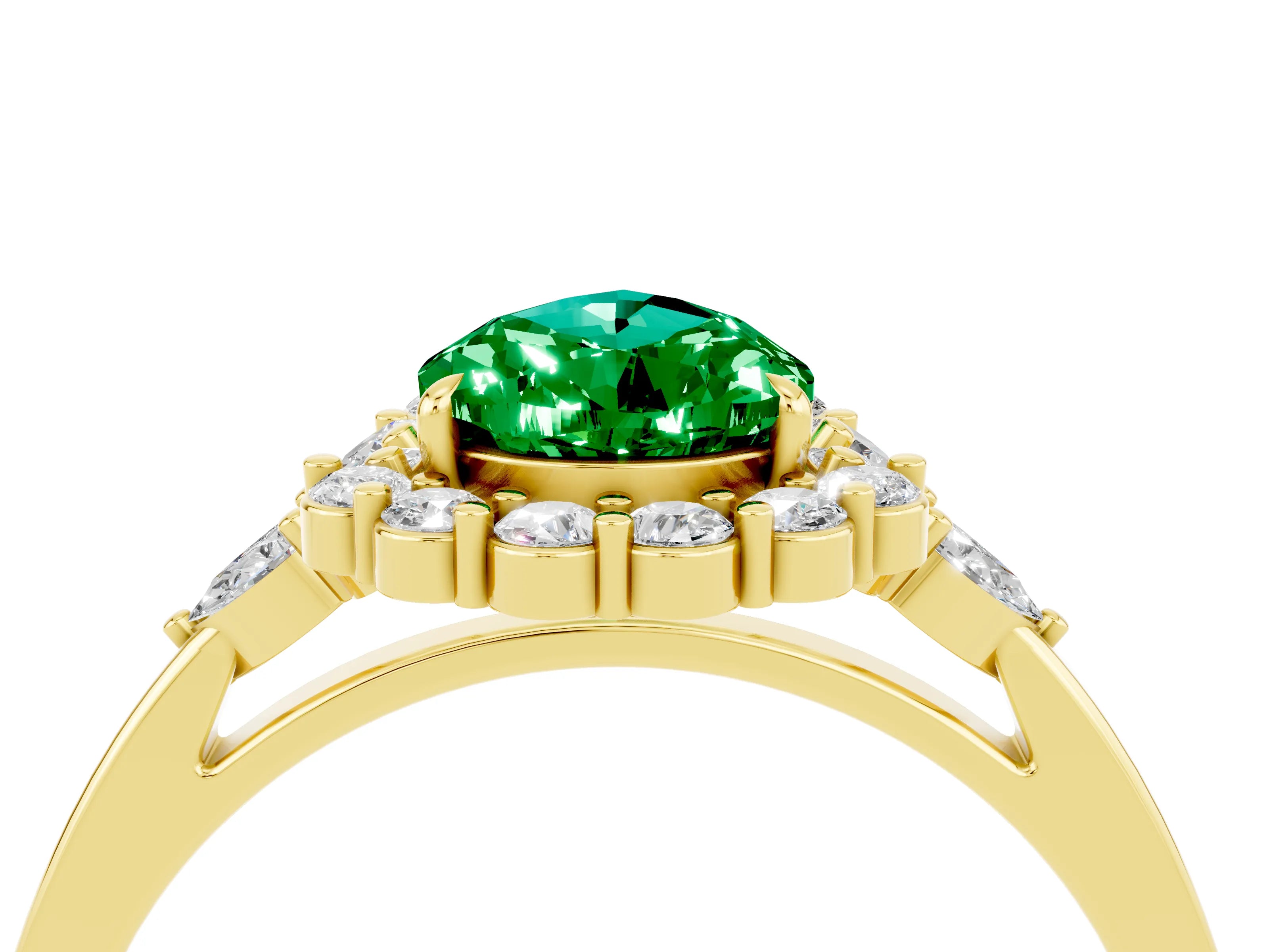 Yellow gold Pear Cut Emerald Halo Ring with Pear Side Stones and Prong Setting_16