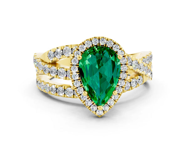 Yellow gold Pear Cut Emerald Halo Ring with Round Split Shank and Prong Setting