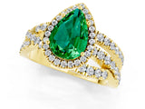Yellow gold Pear Cut Emerald Halo Ring with Round Split Shank and Prong Setting_61