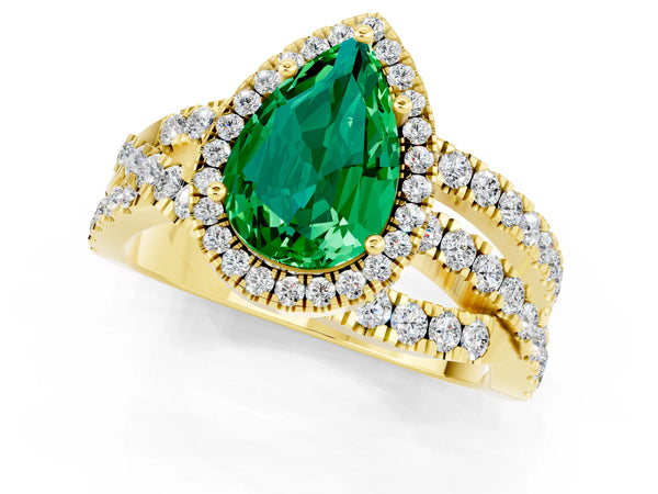 Yellow gold Pear Cut Emerald Halo Ring with Round Split Shank and Prong Setting