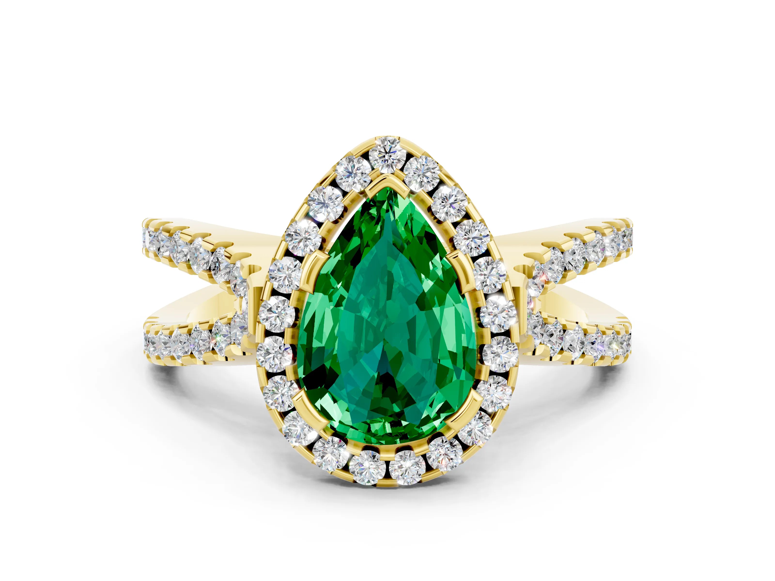 Yellow gold Pear Cut Emerald Halo Ring with Split Shank Pavé Band and Prong Setting