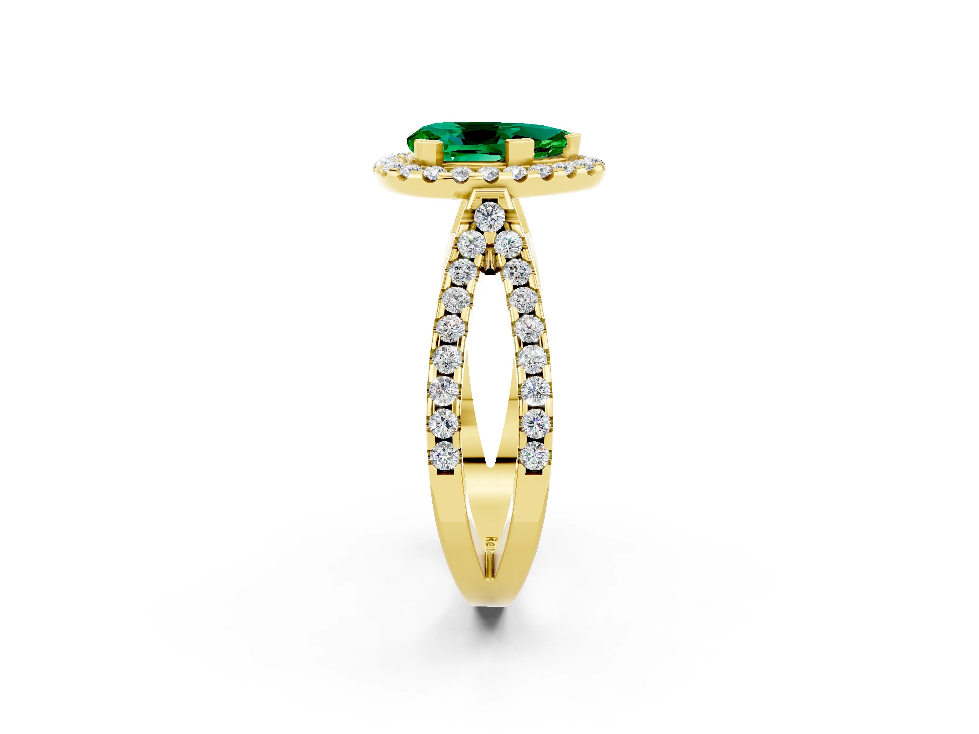 Yellow gold Pear Cut Emerald Halo Ring with Split Shank Pavé Band and Prong Setting_2