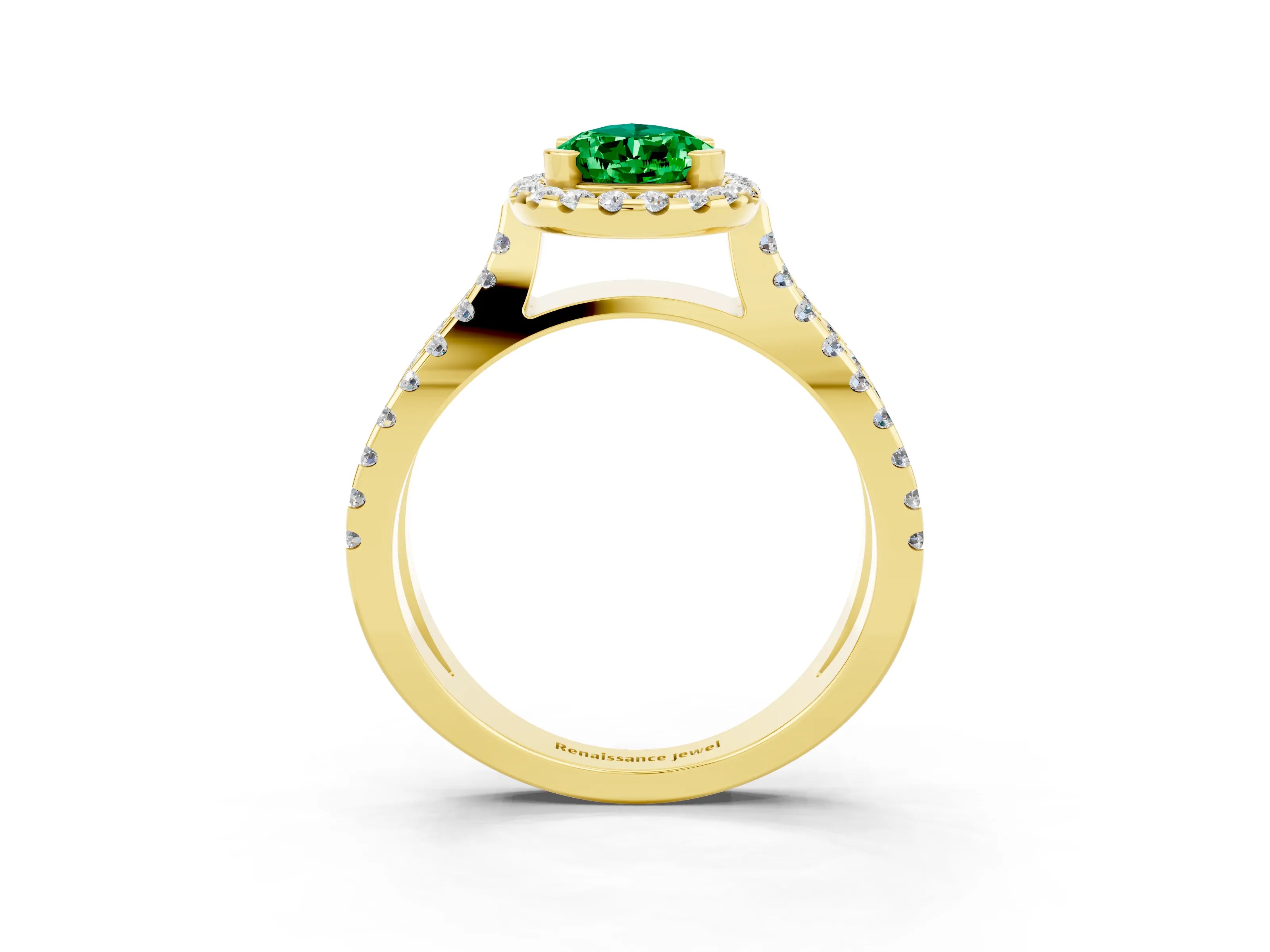 Yellow gold Pear Cut Emerald Halo Ring with Split Shank Pavé Band and Prong Setting_3