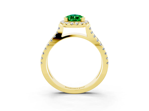 Yellow gold Pear Cut Emerald Halo Ring with Split Shank Pavé Band and Prong Setting