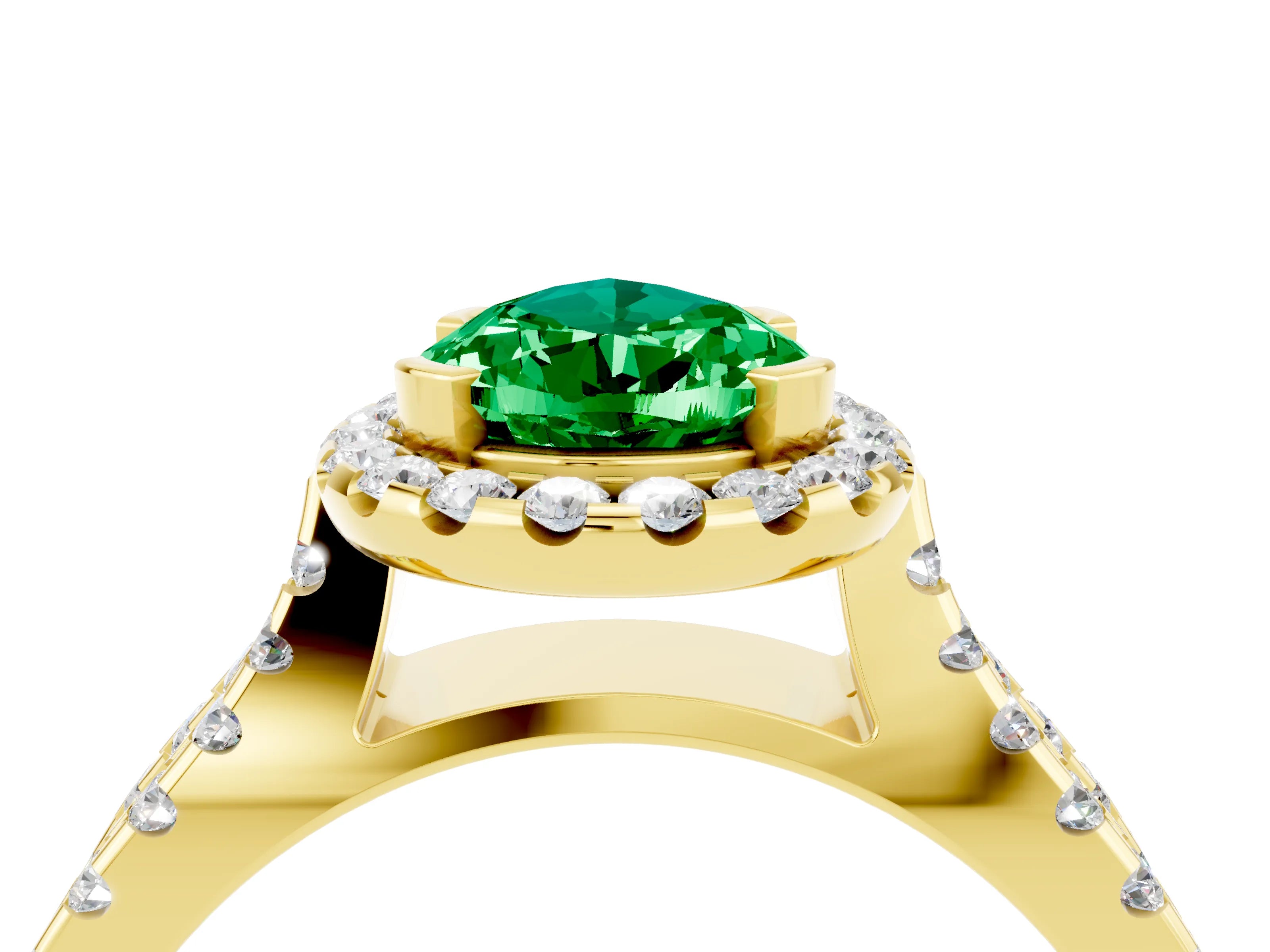 Yellow gold Pear Cut Emerald Halo Ring with Split Shank Pavé Band and Prong Setting_4
