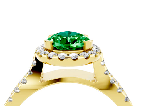 Yellow gold Pear Cut Emerald Halo Ring with Split Shank Pavé Band and Prong Setting_4