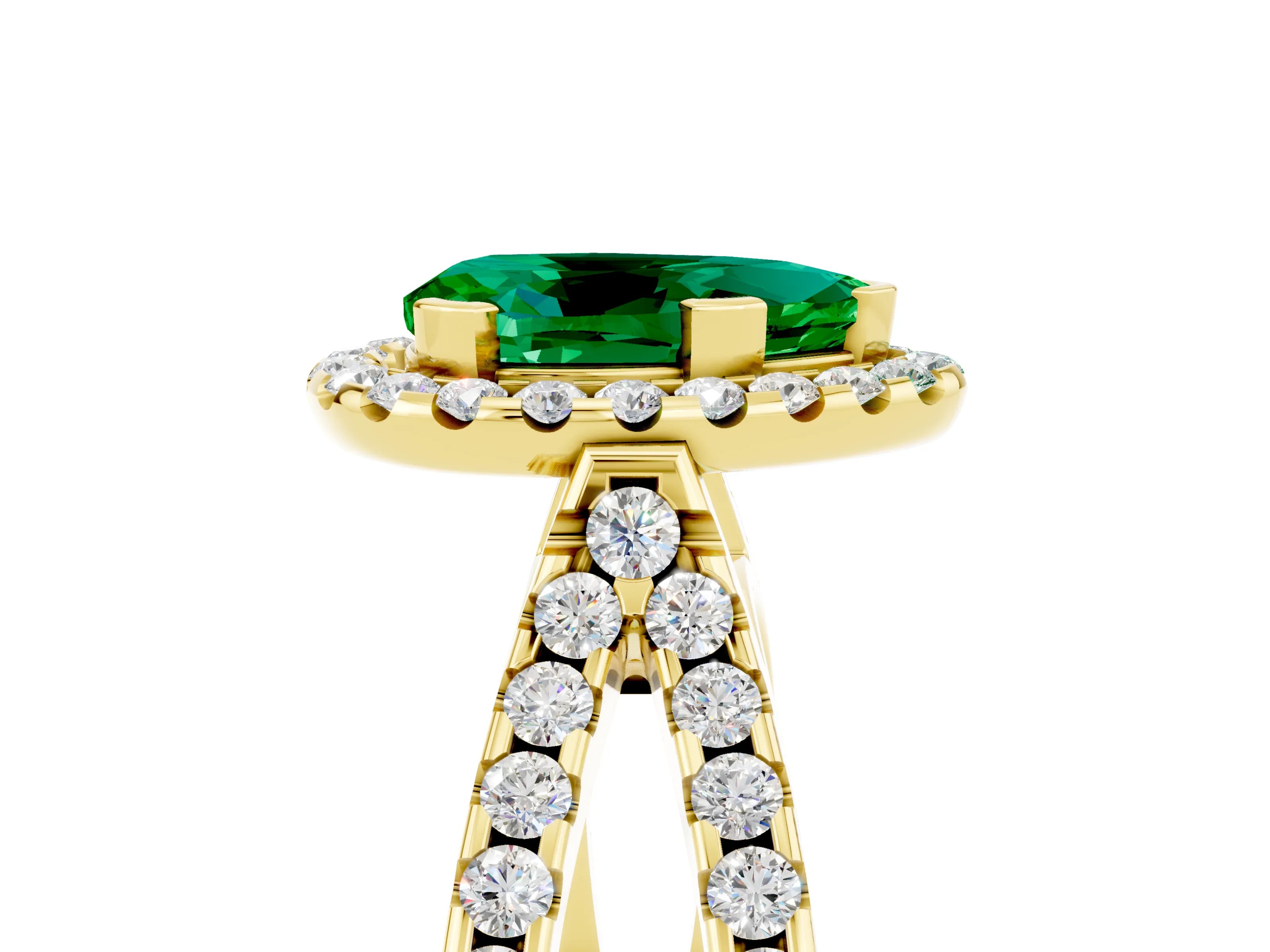 Yellow gold Pear Cut Emerald Halo Ring with Split Shank Pavé Band and Prong Setting_5