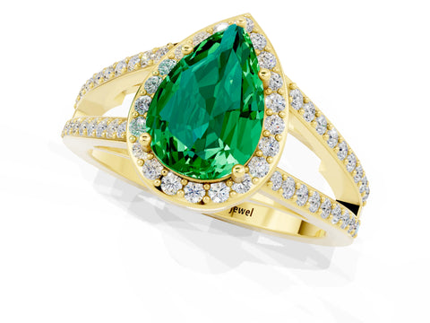 Yellow gold Pear Cut Emerald Halo Ring with Split Shank U-Prong Band and Four-Prong Setting_1