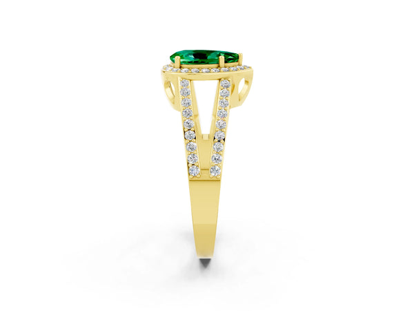 Yellow gold Pear Cut Emerald Halo Ring with Split Shank U-Prong Band and Four-Prong Setting