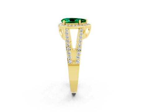 Yellow gold Pear Cut Emerald Halo Ring with Split Shank U-Prong Band and Four-Prong Setting_2
