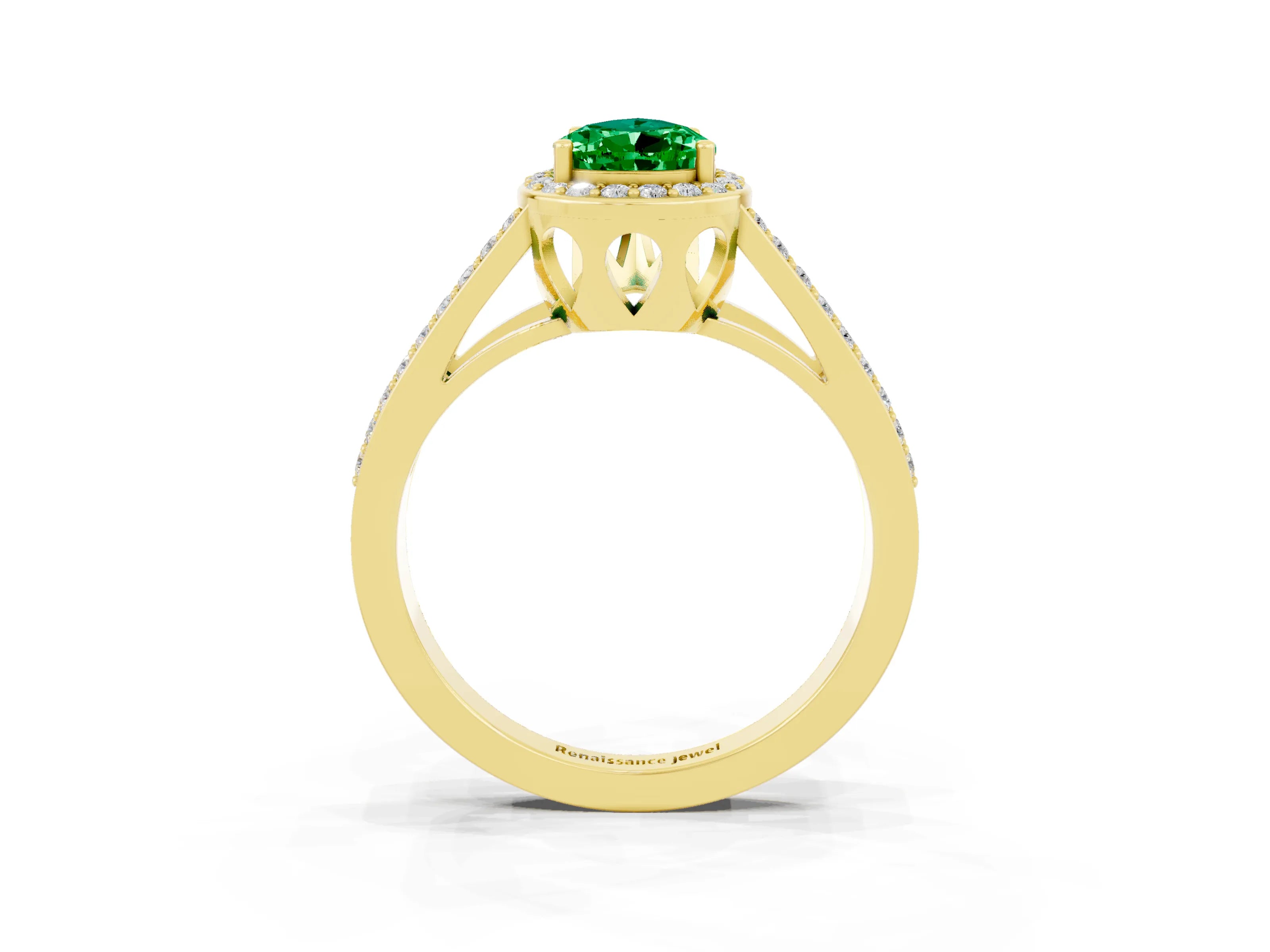 Yellow gold Pear Cut Emerald Halo Ring with Split Shank U-Prong Band and Four-Prong Setting_3