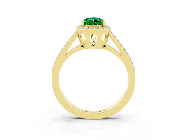 Yellow gold Pear Cut Emerald Halo Ring with Split Shank U-Prong Band and Four-Prong Setting