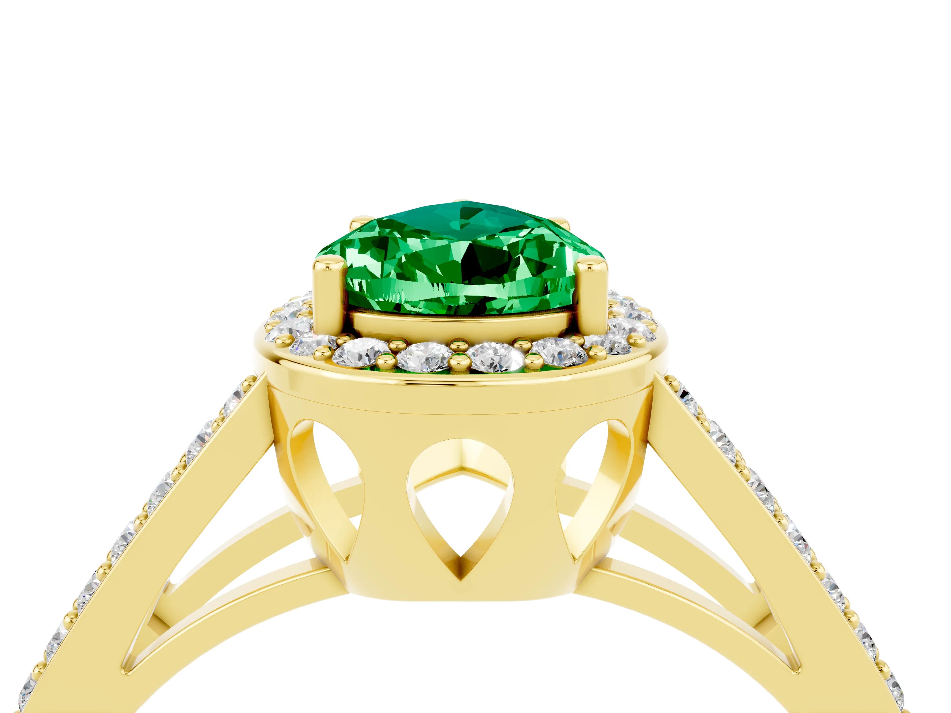 Yellow gold Pear Cut Emerald Halo Ring with Split Shank U-Prong Band and Four-Prong Setting_4