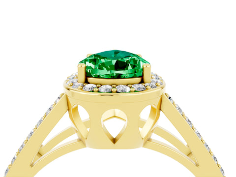 Yellow gold Pear Cut Emerald Halo Ring with Split Shank U-Prong Band and Four-Prong Setting_4
