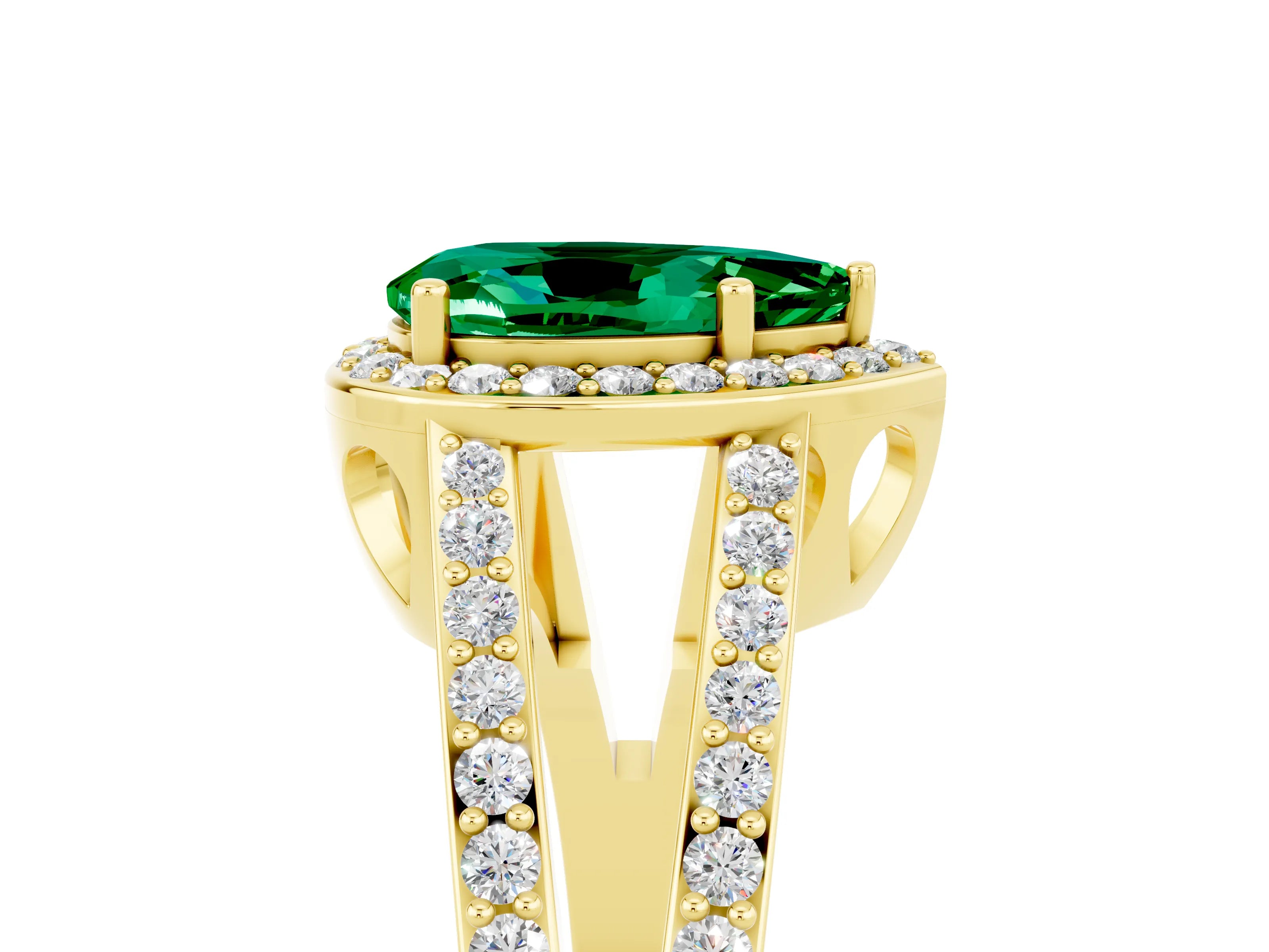 Yellow gold Pear Cut Emerald Halo Ring with Split Shank U-Prong Band and Four-Prong Setting_5