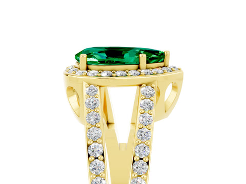 Yellow gold Pear Cut Emerald Halo Ring with Split Shank U-Prong Band and Four-Prong Setting_5