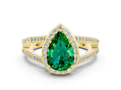 Yellow gold Pear Cut Emerald Halo Ring with Split Shank U-Prong Band and Four-Prong Setting