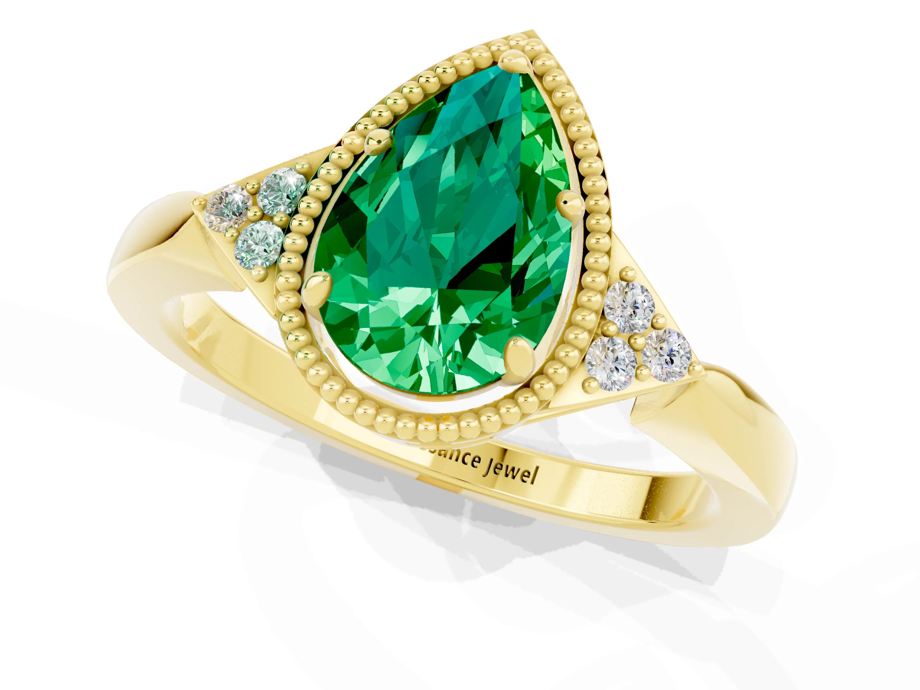 Yellow gold Pear Cut Emerald Halo Ring with Tapered Band and Four-Prong Setting_1