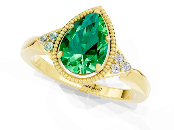 Yellow gold Pear Cut Emerald Halo Ring with Tapered Band and Four-Prong Setting